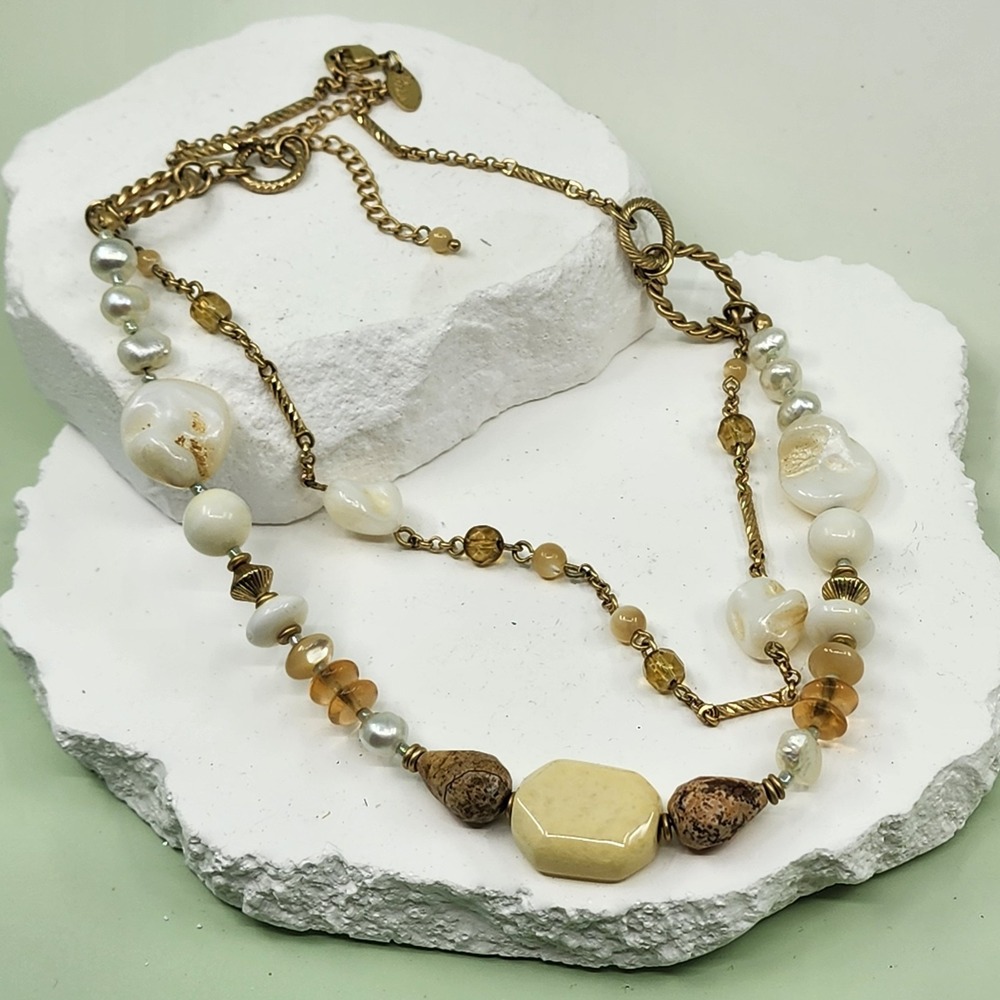 Lia Sophia Cream Beads Faux Pearl Amber & Gold Tone Multi Strand Boho Necklace